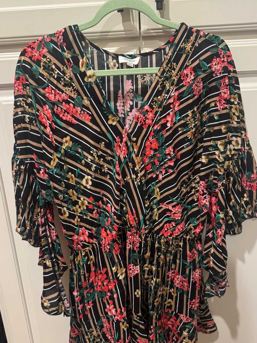 Umgee Black Floral Stripe V-Neck Tunic with Pink and Green Accents